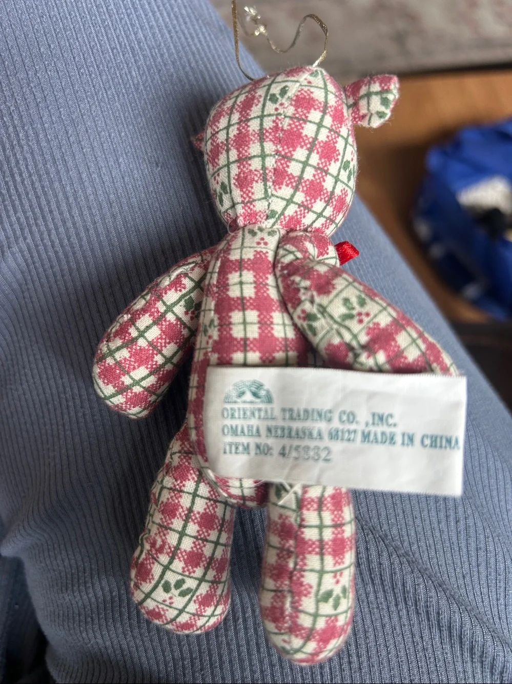 Pink Plaid Plush Dog Toy Bear with Red Bow